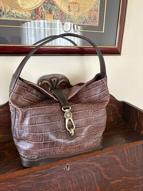 Dooney & Bourke Brown Croco Embossed Leather Logo Lock Hobo Bag Retail $339